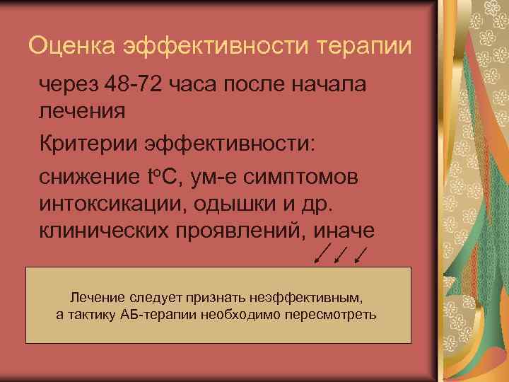 Оценка эффективности терапии через 48 -72 часа после начала лечения Критерии эффективности: снижение tо.