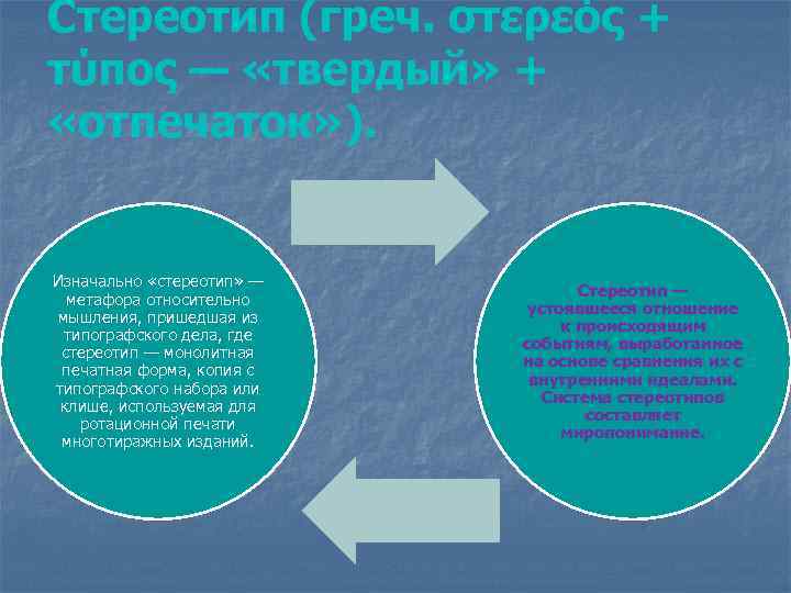 Стереотип (греч. στερεός + τύπος — «твердый» + «отпечаток» ). Изначально «стереотип» — метафора