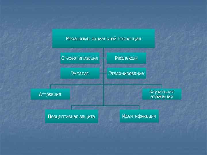 Механизмы социальной перцепции Стереотипизация Рефлексия Эмпатия Эталонирование Аттракция Перцептивная защита Каузальная атрибуция Идентификация 