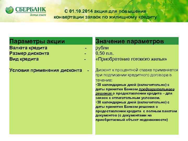 Содержание С 01. 10. 2014 акция для повышения конвертации заявок по жилищному кредиту Параметры