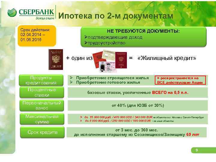 Сбербанк 9. Жилищное кредитование Сбербанк. Ипотека по 2м документам. Сбербанк жилищный кредит условия. Ипотека Сбербанк условия.