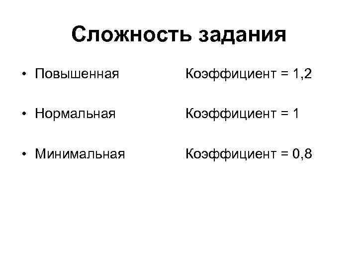 Сложность задания • Повышенная Коэффициент = 1, 2 • Нормальная Коэффициент = 1 •