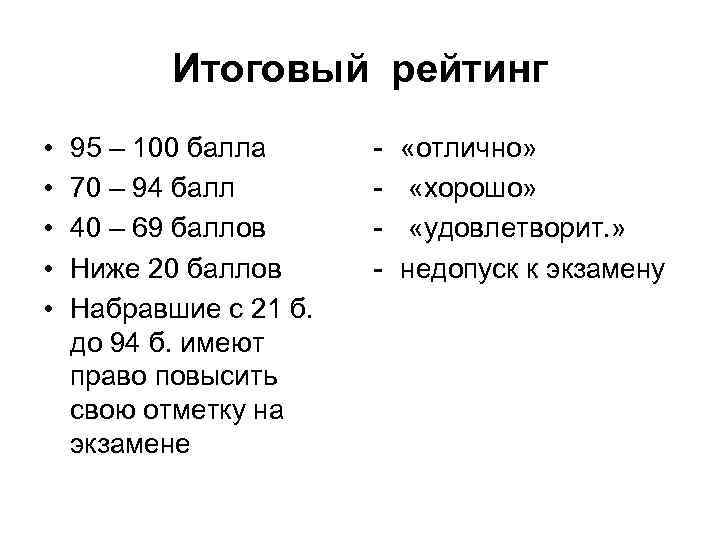 Итоговый рейтинг • • • 95 – 100 балла 70 – 94 балл 40