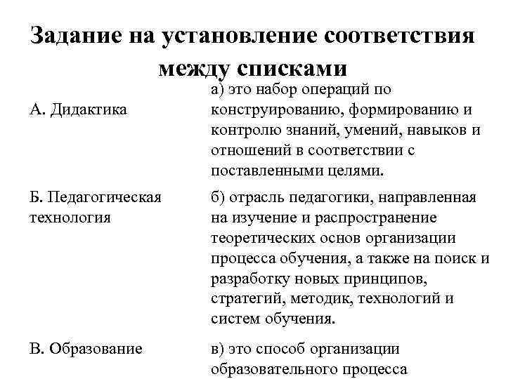 Задание на установление соответствия между списками А. Дидактика а) это набор операций по конструированию,