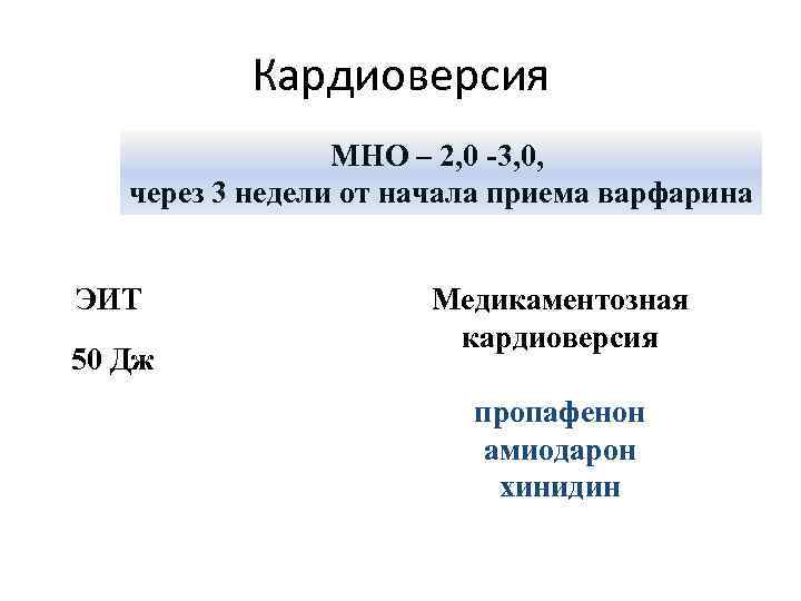 Кардиоверсия МНО – 2, 0 -3, 0, через 3 недели от начала приема варфарина