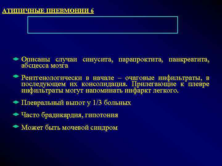 АТИПИЧНЫЕ ПНЕВМОНИИ 6 Описаны случаи синусита, парапроктита, панкреатита, абсцесса мозга Рентгенологически в начале –