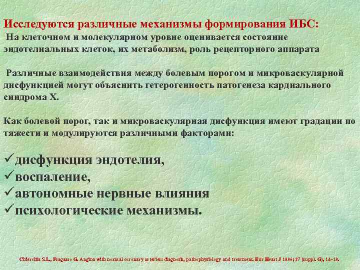 Исследуются различные механизмы формирования ИБС: На клеточном и молекулярном уровне оценивается состояние эндотелиальных клеток,