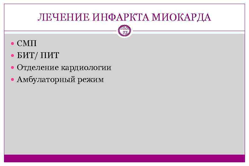 ЛЕЧЕНИЕ ИНФАРКТА МИОКАРДА Slide 23 СМП БИТ/ ПИТ Отделение кардиологии Амбулаторный режим 