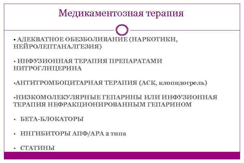 Медикаментозная терапия Slie 24 • АДЕКВАТНОЕ ОБЕЗБОЛИВАНИЕ (НАРКОТИКИ, НЕЙРОЛЕПТАНАЛГЕЗИЯ) • ИНФУЗИОННАЯ ТЕРАПИЯ ПРЕПАРАТАМИ НИТРОГЛИЦЕРИНА