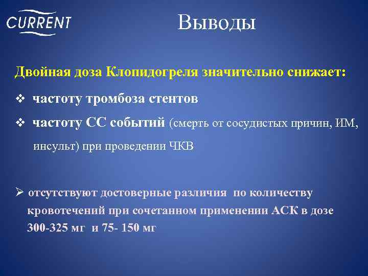Выводы Двойная доза Клопидогреля значительно снижает: v частоту тромбоза стентов v частоту СС событий