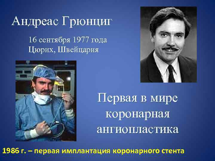 Андреас Грюнциг 16 сентября 1977 года Цюрих, Швейцария Первая в мире коронарная ангиопластика 1986