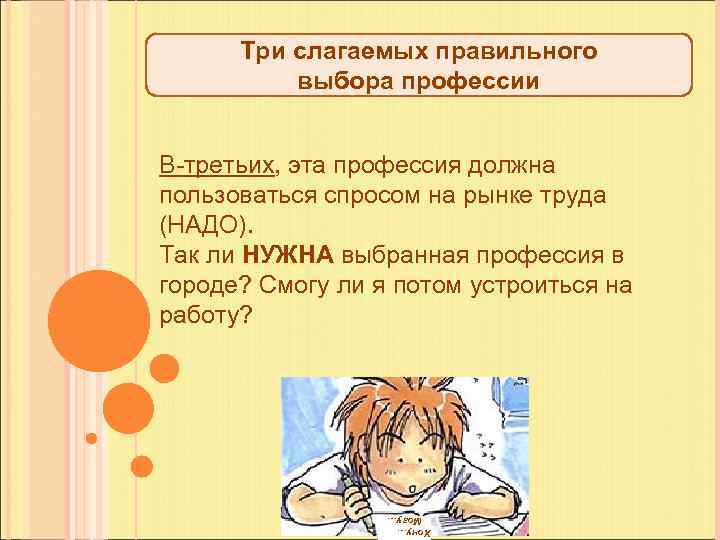 Три слагаемых правильного выбора профессии В-третьих, эта профессия должна пользоваться спросом на рынке труда