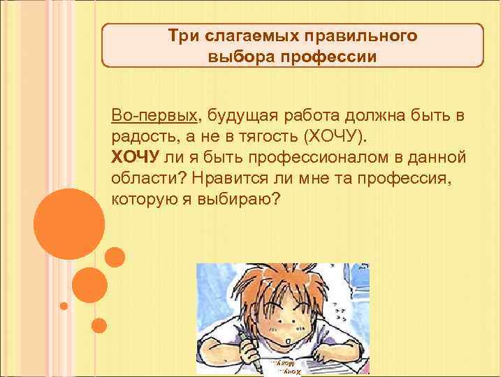 Три слагаемых правильного выбора профессии Во-первых, будущая работа должна быть в радость, а не