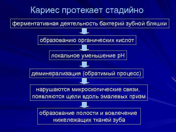 Кариес протекает стадийно ферментативная деятельность бактерий зубной бляшки образованию органических кислот локальное уменьшение p.