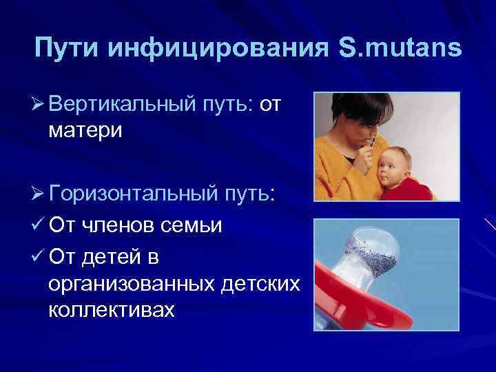 Пути инфицирования S. mutans Ø Вертикальный путь: от матери Ø Горизонтальный путь: ü От