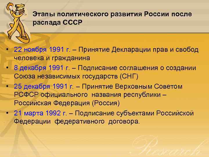Этапы политического развития России после распада СССР • 22 ноября 1991 г. – Принятие