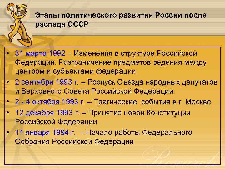 Этапы политического развития России после распада СССР • 31 марта 1992 – Изменения в