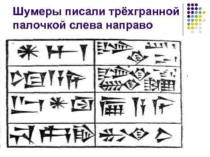 Шумеры писали трёхгранной палочкой слева направо 