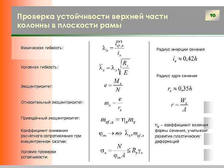 Проверка устойчивости верхней части колонны в плоскости рамы Физическая гибкость: Радиус инерции сечения Условная