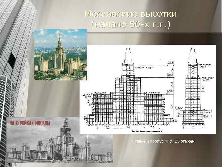 Московские высотки (начало 50 -х г. г. ) Главный корпус МГУ, 25 этажей 