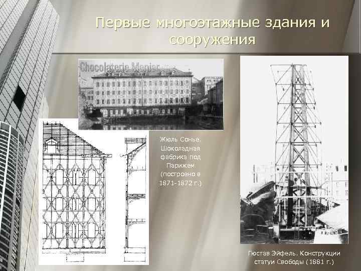 Первые многоэтажные здания и сооружения Жюль Сонье. Шоколадная фабрика под Парижем (построено в 1871