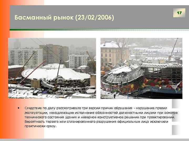 Басманный рынок (23/02/2006) • 17 Следствие по делу рассматривало три версии причин обрушения -