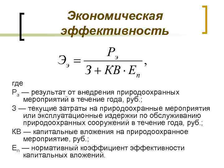 Экономическая эффективность где Рэ — результат от внедрения природоохранных мероприятий в течение года, руб.