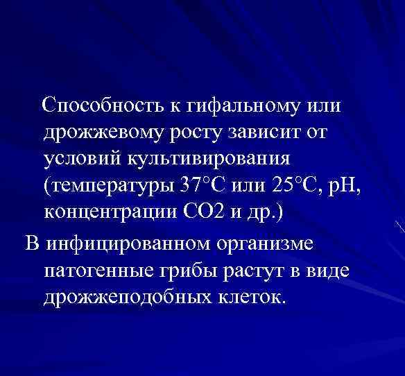 Способность к гифальному или дрожжевому росту зависит от условий культивирования (температуры 37°C или 25°C,