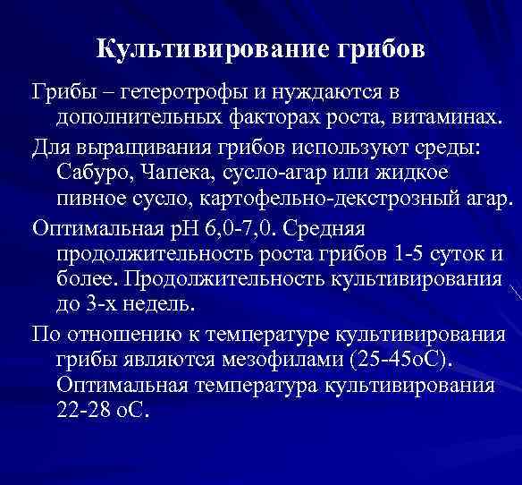 Культивирование грибов Грибы – гетеротрофы и нуждаются в дополнительных факторах роста, витаминах. Для выращивания