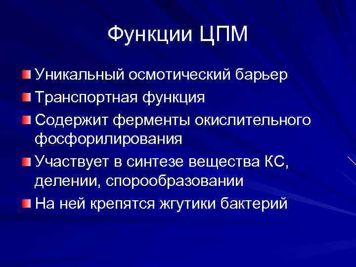 Функции ЦПМ Уникальный осмотический барьер Транспортная функция Содержит ферменты окислительного фосфорилирования Участвует в синтезе
