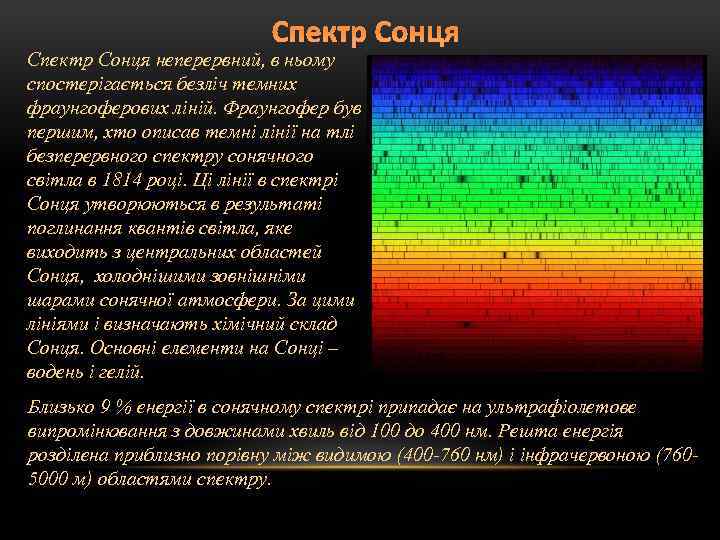 Спектр Сонця неперервний, в ньому спостерігається безліч темних фраунгоферових ліній. Фраунгофер був першим, хто