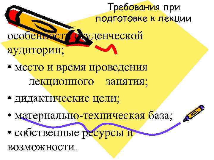 Требования при подготовке к лекции особенности студенческой аудитории; • место и время проведения лекционного