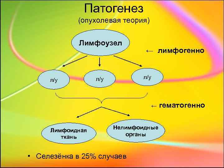 Патогенез (опухолевая теория) Лимфоузел л/у ← лимфогенно л/у ← Лимфоидная ткань Нелимфоидные органы •