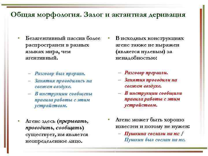 Общая морфология. Залог и актантная деривация • Безагентивный пассив более распространен в разных языках