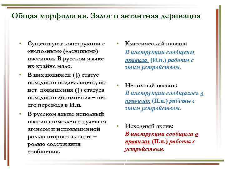 Общая морфология. Залог и актантная деривация • Существуют конструкции с «неполным» ( «ленивым» )