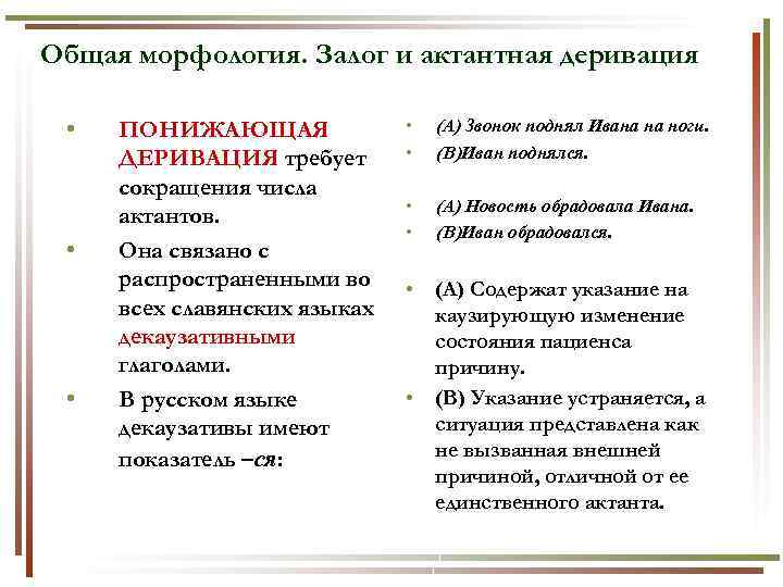 Общая морфология. Залог и актантная деривация • • • ПОНИЖАЮЩАЯ ДЕРИВАЦИЯ требует сокращения числа