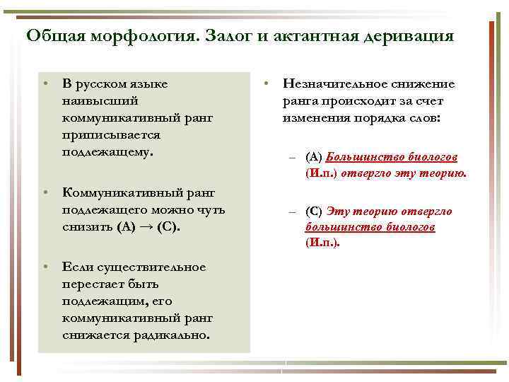 Общая морфология. Залог и актантная деривация • В русском языке наивысший коммуникативный ранг приписывается