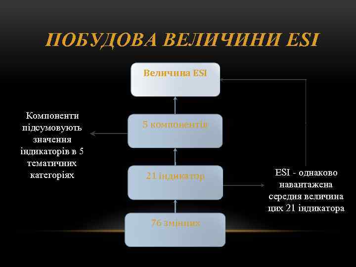 ПОБУДОВА ВЕЛИЧИНИ ESI Величина ESI Компоненти підсумовують значення індикаторів в 5 тематичних категоріях 5