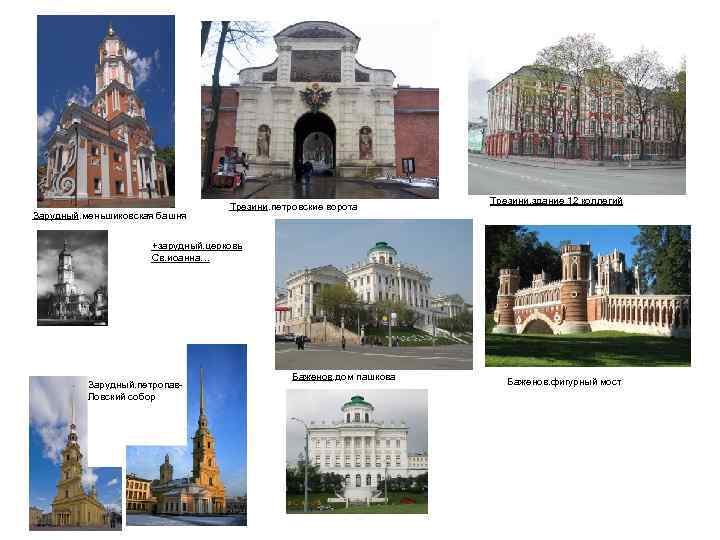 Зарудный. меньшиковская башня Трезини. петровские ворота Трезини. здание 12 коллегий +зарудный. церковь Св. иоанна…