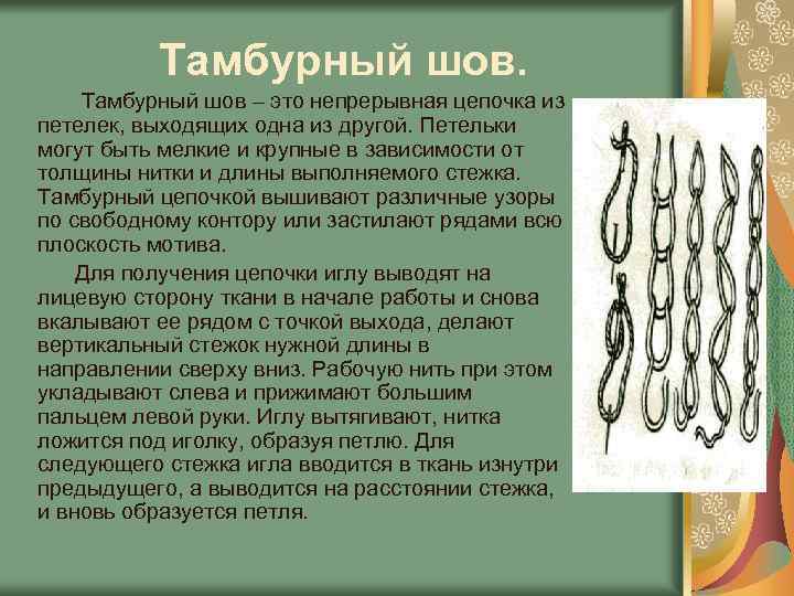 Тамбурный шов – это непрерывная цепочка из петелек, выходящих одна из другой. Петельки могут