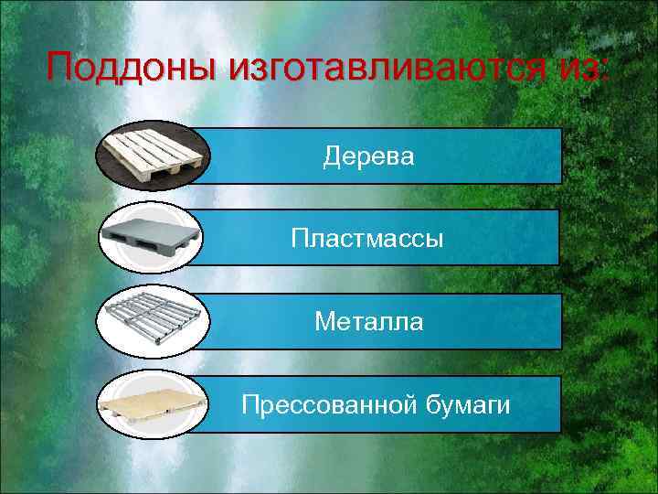 Поддоны изготавливаются из: Дерева Пластмассы Металла Прессованной бумаги 