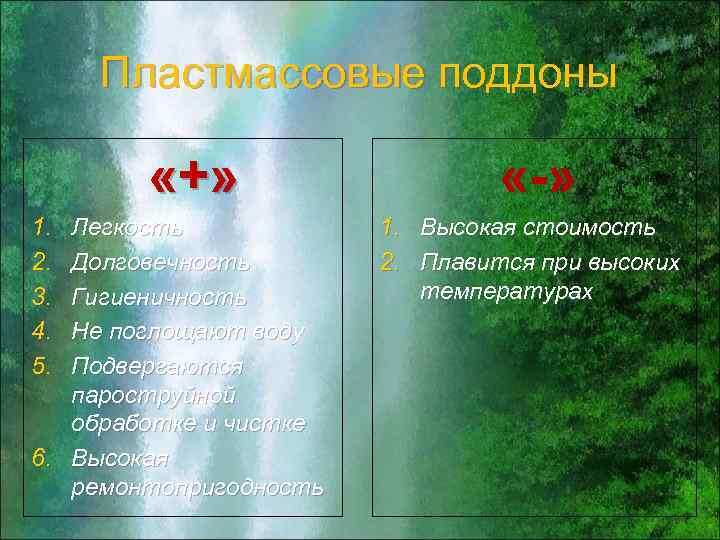 Пластмассовые поддоны «+» 1. 2. 3. 4. 5. Легкость Долговечность Гигиеничность Не поглощают воду