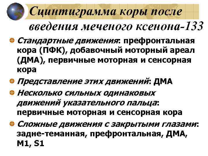Сцинтиграмма коры после введения меченого ксенона-133 Стандартные движения: префронтальная кора (ПФК), добавочный моторный ареал