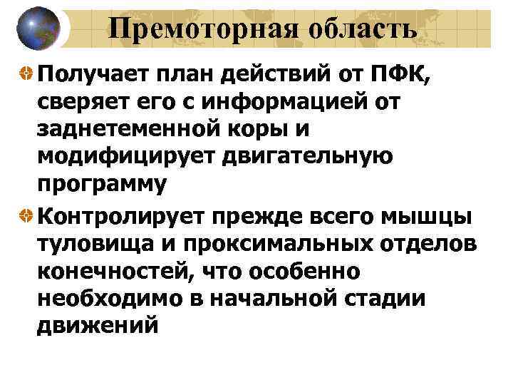 Премоторная область Получает план действий от ПФК, сверяет его с информацией от заднетеменной коры