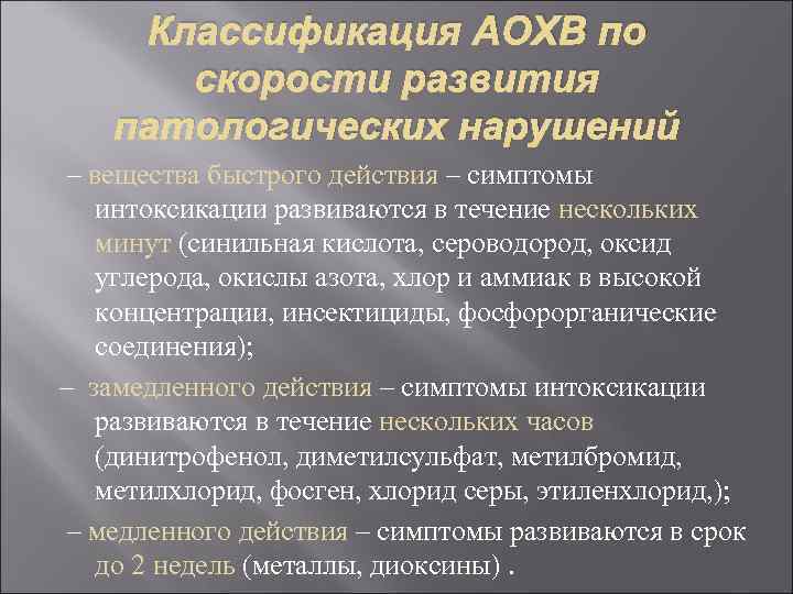 Классификация АОХВ по скорости развития патологических нарушений – вещества быстрого действия – симптомы интоксикации