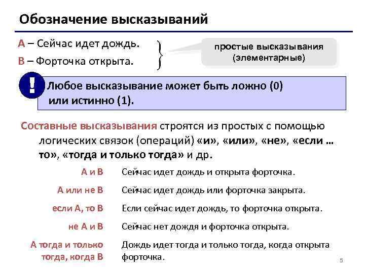 Обозначение высказываний A – Сейчас идет дождь. B – Форточка открыта. ! простые высказывания