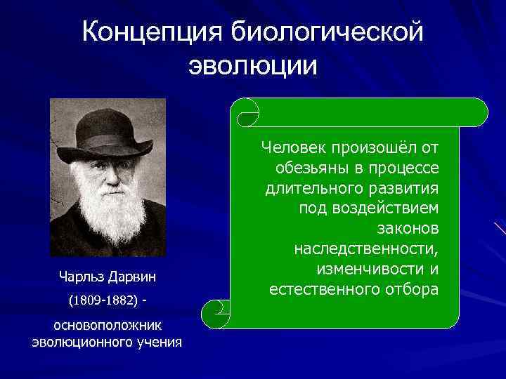 Концепция биологической эволюции Чарльз Дарвин (1809 -1882) - основоположник эволюционного учения Человек произошёл от