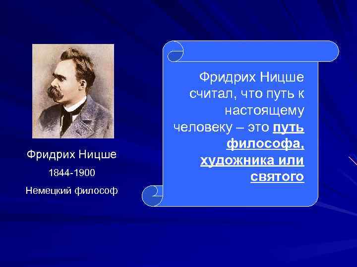 Фридрих Ницше 1844 -1900 Немецкий философ Фридрих Ницше считал, что путь к настоящему человеку