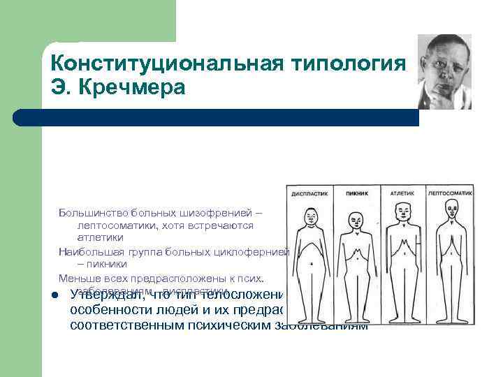 Конституциональная типология Э. Кречмера Большинство больных шизофренией – лептосоматики, хотя встречаются атлетики Наибольшая группа