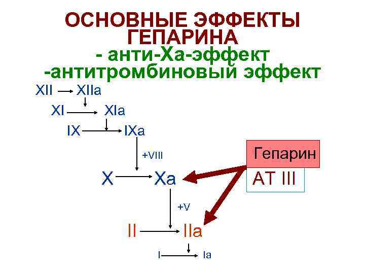 ОСНОВНЫЕ ЭФФЕКТЫ ГЕПАРИНА - анти-Ха-эффект -антитромбиновый эффект n n n XIIa XI XIa IX